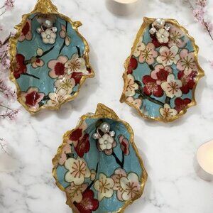 Handmade Decoupage Oyster Shell Trinket Dish Cherry Blossoms, Pearls, Gold Trim